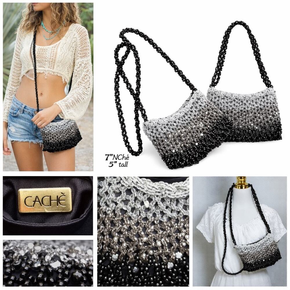 Cache Black Beaded Small Evening Shoulder Purse Handbag Vintage 1980s Handmade